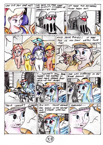 Size: 2405x3382 | Tagged: safe, artist:40kponyguy, derpibooru import, fluttershy, lyra heartstrings, octavia melody, pinkie pie, rainbow dash, rarity, earth pony, human, pegasus, unicorn, 40kponyguy's the staff of aurelian, comic, crossover, emperor's children, hoof hold, iron warriors, traditional art, warhammer (game), warhammer 40k