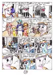 Size: 2405x3382 | Tagged: safe, artist:40kponyguy, derpibooru import, fluttershy, lyra heartstrings, octavia melody, pinkie pie, rainbow dash, rarity, earth pony, human, pegasus, unicorn, 40kponyguy's the staff of aurelian, comic, crossover, emperor's children, hoof hold, iron warriors, traditional art, warhammer (game), warhammer 40k