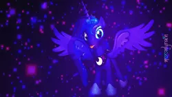 Size: 3840x2160 | Tagged: safe, artist:moonlyrain, derpibooru import, princess luna, pony, 3d, crown, dark matter, horseshoes, jewelry, regalia, solo, space, tongue out, wings