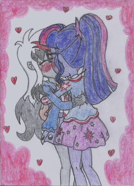 Size: 938x1303 | Tagged: safe, artist:nephilim rider, derpibooru import, sci-twi, twilight sparkle, oc, oc:heaven lost, equestria girls, female, heavenlight, hug, kissing, lesbian, shipping, traditional art