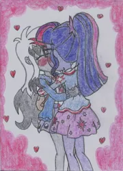 Size: 938x1303 | Tagged: safe, artist:nephilim rider, derpibooru import, sci-twi, twilight sparkle, oc, oc:heaven lost, equestria girls, female, heavenlight, hug, kissing, lesbian, shipping, traditional art