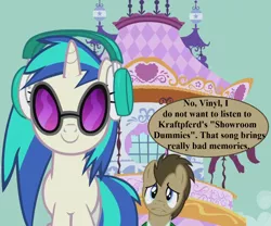 Size: 1296x1080 | Tagged: carousel boutique, cropped, cute, derpibooru import, doctor who, doctor whooves, edit, edited screencap, headphones, implied autons, kraftwerk, safe, screencap, slice of life (episode), spearhead from space, speech, speech bubble, sunglasses, talking, terror of the autons, time turner, vinylbetes, vinyl scratch