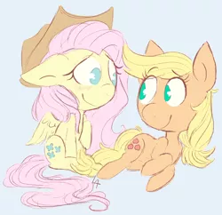 Size: 880x852 | Tagged: safe, artist:lambyanxious, derpibooru import, applejack, fluttershy, earth pony, pegasus, pony, applejack's hat, appleshy, blue background, blushing, cowboy hat, eye contact, female, floppy ears, hat, hatless, lesbian, looking at each other, lying down, missing accessory, shipping, simple background, sitting, smiling