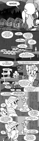 Size: 896x3198 | Tagged: safe, artist:mamatwilightsparkle, derpibooru import, lyra heartstrings, spike, twilight sparkle, dragon, pony, unicorn, baby, baby spike, cabin, checklist, clothes, comic, implied smarty pants, monochrome, overalls, tumblr, younger