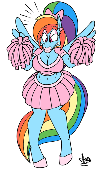 Size: 1200x2000 | Tagged: anthro, artist:jamearts, belly button, big breasts, bimbo, bow, breasts, busty rainbow dash, cheerleader, cleavage, clothes, colored, color edit, derpibooru import, dick sucking lips, edit, eyeshadow, female, gritted teeth, hair bow, lipstick, makeup, midriff, pink eyeshadow, pink lipstick, pom pom, rainbow dash, rainbow dash always dresses in style, raised eyebrow, skirt, solo, solo female, suggestive, tail, tomboy taming, wings