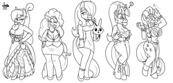 Size: 2500x1200 | Tagged: suggestive, artist:jamearts, derpibooru import, angel bunny, applejack, fluttershy, pinkie pie, rarity, twilight sparkle, anthro, bat pony, angry, belly button, big breasts, bimbo, bimbo sparkle, blushing, breasts, busty applejack, busty fluttershy, busty pinkie pie, busty rarity, busty twilight sparkle, cleavage, clothes, cutie mark, dick sucking lips, dress, ear piercing, earring, female, fishnets, flutterbat, freckles, hair over one eye, high heels, jewelry, midriff, monochrome, necklace, panties, piercing, purse, question mark, race swap, secretary, shoes, tail, thong, underwear