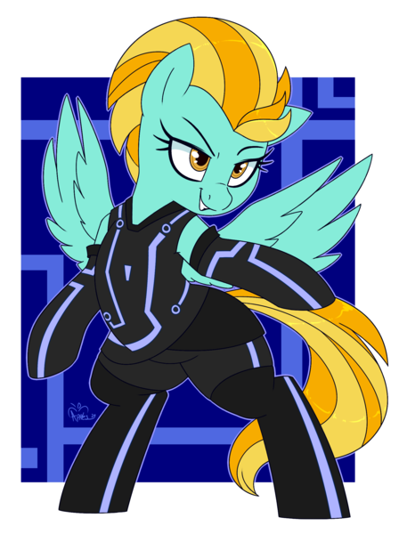 Size: 1761x2312 | Tagged: safe, artist:notenoughapples, derpibooru import, lightning dust, pegasus, pony, abstract background, bipedal, clothes, cosplay, costume, crossover, female, mare, solo, tron, tron legacy