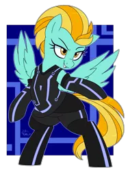 Size: 1761x2312 | Tagged: safe, artist:notenoughapples, derpibooru import, lightning dust, pegasus, pony, abstract background, bipedal, clothes, cosplay, costume, crossover, female, mare, solo, tron, tron legacy