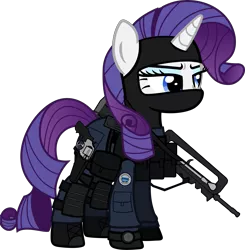 Size: 6000x6113 | Tagged: safe, artist:n0kkun, derpibooru import, part of a set, rarity, pony, unicorn, armor, assault rifle, balaclava, belt, boot, clothes, commission, eyeshadow, famas, female, france, french, gign, gloves, gun, handgun, holster, knee pads, makeup, mare, mask, model 686, pants, police, pouch, radio, revolver, rifle, simple background, solo, transparent background, watch, weapon, wristwatch