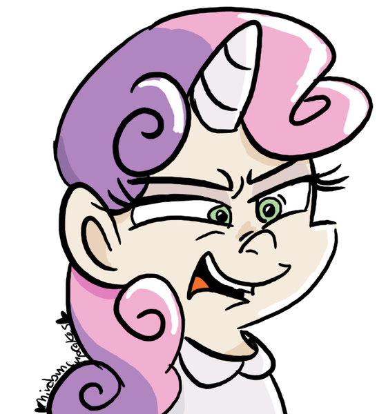 Size: 728x800 | Tagged: artist:mirabuncupcakes15, clothes, derpibooru import, disgusted, do not want, eyeshadow, female, horn, horned humanization, human, humanized, makeup, open mouth, redraw, safe, shirt, simple background, solo, sweetie belle, white background