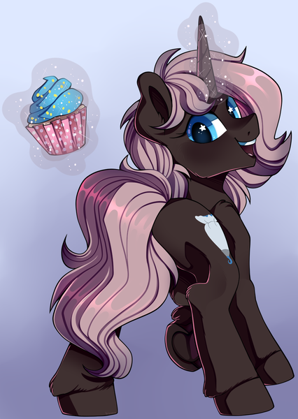 Size: 809x1140 | Tagged: safe, artist:breioom, derpibooru import, oc, oc:sugardawn, unofficial characters only, pony, unicorn, cupcake, female, food, looking back, magic, mare, solo