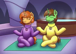 Size: 1754x1240 | Tagged: safe, artist:mkogwheel, derpibooru import, oc, oc:aspen, oc:ryan, alicorn, pony, unicorn, crossed legs, eyes closed, latex, latex suit, lotus position, meditating, peace suit, peace symbol, spa, yoga mat