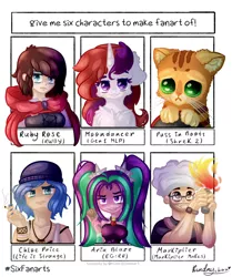 Size: 904x1080 | Tagged: safe, artist:kindny-chan, derpibooru import, aria blaze, moondancer (g1), human, pony, unicorn, six fanarts, equestria girls, rainbow rocks, beanie, beard, bust, chef's hat, chest fluff, chloe price, cigarette, facial hair, female, fire, glasses, hat, life is strange, mare, markiplier, puss in boots, ruby rose, rwby, shrek