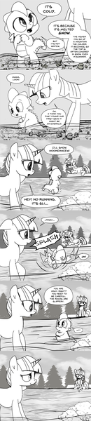 Size: 896x4148 | Tagged: safe, artist:mamatwilightsparkle, derpibooru import, moondancer, spike, twilight sparkle, dragon, pony, unicorn, baby, baby spike, comic, crying, forest, monochrome, river, rock, splash, tripping, tumblr, water, younger