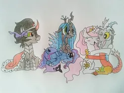 Size: 960x720 | Tagged: safe, artist:fluttersquee6, derpibooru import, discord, king sombra, princess celestia, princess luna, queen chrysalis, alicorn, changeling, changeling queen, draconequus, pony, unicorn, blushing, cute, cutealis, cutelestia, discute, dislestia, female, hug, lunabetes, male, pillow, pink-mane celestia, shipping, sleeping, sombradorable, straight, traditional art, younger
