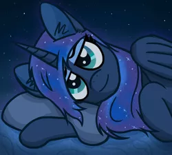 Size: 2000x1800 | Tagged: alicorn, artist:magic horse, derpibooru import, digital art, female, lidded eyes, looking at you, lying down, mare, meta, night, princess, princess luna, safe, smiling at you, solo, stars, twitter