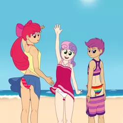 Size: 3500x3500 | Tagged: apple bloom, armpits, artist:deserter, art pack:pantiepalooza3, ass, beach, bikini, bloom butt, breasts, butt, clothes, cutie mark crusaders, delicious flat chest, derpibooru import, dress, freckles, frilled swimsuit, human, humanized, light skin, long hair, looking at you, looking back, looking back at you, looking over shoulder, medium hair, mooning, panties, peace sign, ponytail, rainbow dash bikini, scootabutt, scootaloo, short hair, shoulder freckles, side-tie bikini, skirt, small breasts, smiling, striped swimsuit, suggestive, sundress, sweetie belle, swimming trunks, swimsuit, tall, tan, tanktop, underwear, upskirt, waving