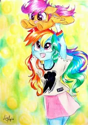 Size: 2322x3304 | Tagged: safe, artist:liaaqila, derpibooru import, rainbow dash, scootaloo, pegasus, pony, equestria girls, abstract background, duo, holding a pony, human and pony, liaaqila is trying to murder us, scootalove, smiling, traditional art