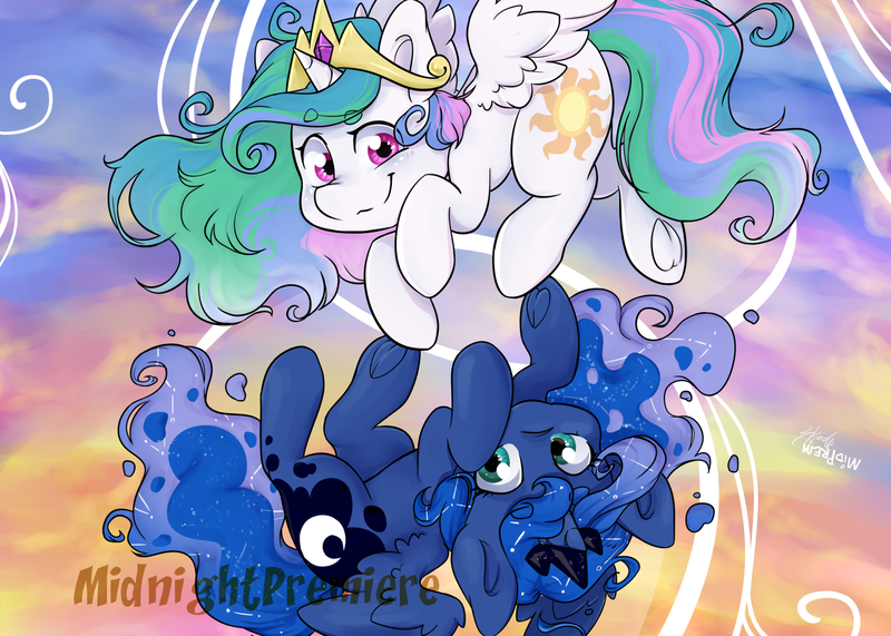 Size: 1400x1000 | Tagged: safe, artist:midnightpremiere, derpibooru import, princess celestia, princess luna, alicorn, pony, cute, cutelestia, digital art, duo, female, lunabetes, mare, royal sisters, siblings, sisters, smiling, upside down