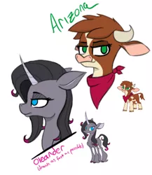 Size: 810x934 | Tagged: safe, artist:pinkberry, derpibooru import, arizona cow, oleander (tfh), classical unicorn, cow, unicorn, them's fightin' herds, bandana, cloven hooves, colored sketch, community related, curved horn, drawpile, duo, female, horn, leonine tail, simple background, sketch, unshorn fetlocks, white background