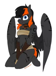 Size: 817x1123 | Tagged: anthro, artist:redxbacon, bodypaint, chest wrap, derpibooru import, female, hippogriff, kneeling, loincloth, midriff, oc, oc:acrylic breeze (r63), rule 63, safe, smiling, solo, talons, tribal, unofficial characters only, wings