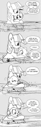 Size: 896x2768 | Tagged: safe, artist:mamatwilightsparkle, derpibooru import, spike, twilight sparkle, dragon, pony, unicorn, baby, baby spike, clinging, cold, comic, crying, duo, monochrome, river, scared, shivering, swimming, tumblr, water, younger