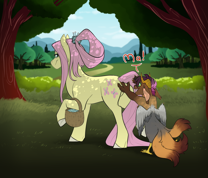 Size: 3500x3000 | Tagged: safe, artist:jeshh, derpibooru import, fluttershy, oc, oc:fox glove, draconequus, hybrid, pony, basket, high res, interspecies offspring, offspring, parent:discord, parent:fluttershy, parents:discoshy