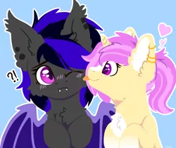 Size: 1845x1554 | Tagged: safe, artist:dark lightning, derpibooru import, oc, bat pony, pony, unicorn, blushing, chest fluff, embarrassed, heart, licking, oc x oc, shipping, tongue out