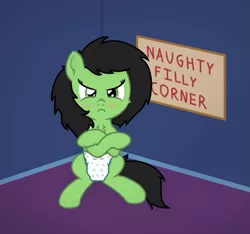 Size: 983x921 | Tagged: suggestive, artist:craftycirclepony, derpibooru import, oc, oc:anonfilly, unofficial characters only, earth pony, angry, blushing, cheek fluff, chest fluff, corner, crossed arms, crossed legs, cute, diaper, diaper fetish, ear fluff, embarrassed, female, fetish, filly, frown, image, looking at you, naughty, png, pullup (diaper), scrunchy face, sign, sitting, solo, spread legs, spreading, time out, time out corner, twilight's castle, wetness indicator