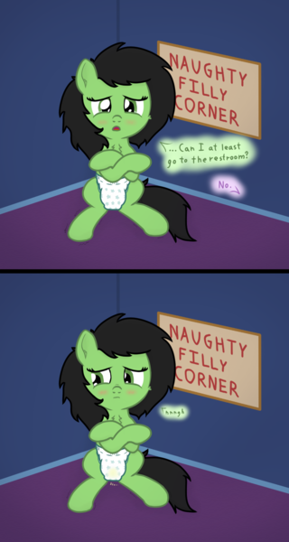 Size: 983x1842 | Tagged: questionable, artist:craftycirclepony, derpibooru import, oc, oc:anonfilly, unofficial characters only, earth pony, adoranon, bathroom denial, blushing, cheek fluff, chest fluff, comic, corner, crossed arms, crossed legs, cute, desperation, dialogue, diaper, diaper fetish, ear fluff, embarrassed, female, fetish, filly, frown, image, implied twilight sparkle, leg twitch, looking at you, looking away, naughty, need to pee, offscreen character, omorashi, onomatopoeia, open mouth, pissing, png, potty emergency, potty time, pullup (diaper), scrunchy face, sign, sitting, solo, speech bubble, spread legs, spreading, time out, time out corner, twilight's castle, twitching, urine, watersports, wavy mouth, wet diaper, wetness indicator