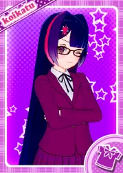 Size: 252x352 | Tagged: anime, character card, clothes, derpibooru import, female, glasses, hairpin, human, humanized, koikatsu, one eye closed, safe, school uniform, skirt, smiling, solo, twilight sparkle, uniform, wink