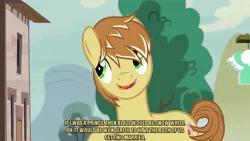 Size: 1280x720 | Tagged: safe, derpibooru import, edit, edited screencap, editor:jaredking203, screencap, feather bangs, earth pony, pony, hard to say anything, caption, image macro, male, meme, stallion, text