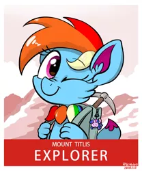 Size: 708x850 | Tagged: safe, artist:holp, derpibooru import, rainbow dash, oc, oc:hsu amity, oc:rainbow eevee, unofficial characters only, eevee, bag, blinking, cute, dashabetes, explorer, mountain, pickaxe, pokémon, positive ponies, poster, signature, smiley face, species swap, switzerland