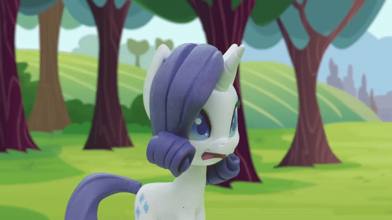 Size: 800x450 | Tagged: safe, derpibooru import, screencap, rarity, pony, unicorn, gem of a problem, my little pony: pony life, my little pony: stop motion short, animated, bipedal, gem, gif, happy, hooves up, levitation, looking at something, magic, magic aura, magic surge, outdoors, overpowered, scared, solo, stop motion, surprised, telekinesis, tree, worried