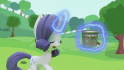 Size: 800x450 | Tagged: safe, derpibooru import, screencap, rarity, pony, unicorn, gem of a problem, my little pony: pony life, my little pony: stop motion short, animated, bucket, confused, gif, happy, hooves up, looking at something, magic, magic aura, magic fail, magic surge, out of control magic, outdoors, solo, stop motion, telekinesis, tree, worried