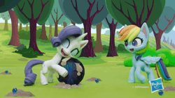 Size: 800x450 | Tagged: safe, derpibooru import, screencap, rainbow dash, rarity, pegasus, pony, unicorn, gem of a problem, my little pony: pony life, my little pony: stop motion short, animated, bipedal, blech, dirt, dirty, gem, gif, happy, hasbro logo, kissing, mistakes were made, outdoors, smiling, stop motion, sudden realization, tree, wings
