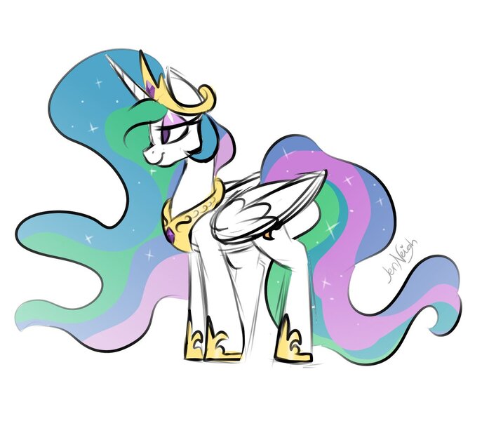 Size: 1153x992 | Tagged: safe, artist:jen-neigh, derpibooru import, princess celestia, alicorn, pony, crown, eyeshadow, female, hoof shoes, jewelry, lidded eyes, makeup, mare, peytral, regalia, solo