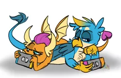 Size: 808x521 | Tagged: safe, artist:g-elric, derpibooru import, gallus, smolder, dragon, gryphon, dragoness, female, male, nintendo switch, prone, shipping, smollus, straight