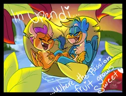 Size: 1700x1300 | Tagged: safe, artist:g-elric, derpibooru import, gallus, smolder, dragon, gryphon, cute, disney, female, gallabetes, leaf, lion king 2 simba's pride, male, shipping, smolderbetes, smollus, straight, the lion king