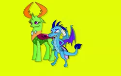 Size: 1440x900 | Tagged: safe, artist:whistle blossom, deleted from derpibooru, derpibooru import, princess ember, thorax, changedling, changeling, dragon, ashosoma, cute, digital art, emberbetes, embrax, female, king thorax, male, mesosoma, obtrusive watermark, prince ash, queen mesosoma, rule 63, rule63betes, shipping, simple background, standing, straight, thorabetes, watermark, yellow background