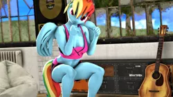 Size: 4096x2304 | Tagged: 3d, alternate version, anthro, artist:glitchwithahat, canon, clothes, derpibooru import, female, guitar, gym, gymnastics, gym uniform, midriff, muscles, muscular female, musical instrument, pegasus, rainbow dash, safe, shorts, solo, source filmmaker, sports bra, sports shorts, welcum to pornyville