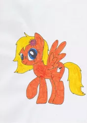 Size: 752x1063 | Tagged: safe, artist:electric spark, color edit, derpibooru import, edit, oc, oc:whistle blossom, unofficial characters only, pegasus, pony, colored, female, filly, flower, flower in hair, foal, looking at you, one hoof raised, pegasus oc, simple background, smiling, solo, spread wings, teenager, traditional art, white background, wings