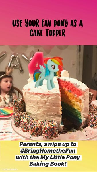 Size: 1080x1920 | Tagged: safe, derpibooru import, official, rainbow dash, pegasus, pony, my little pony baking book, bringhomethefun, coronavirus, covid-19, figurine, food, instagram story, merchandise, photo, solo, target demographic, text