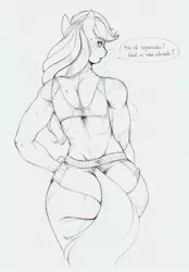 Size: 1149x1647 | Tagged: suggestive, artist:longinius, derpibooru import, applejack, anthro, earth pony, applebutt, applejacked, ass, black and white, butt, clothes, female, grayscale, looking at you, looking back, looking back at you, monochrome, muscles, muscular female, shorts, solo, sweat