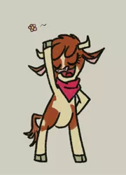 Size: 1321x1830 | Tagged: arizona cow, artist:laya-21, bandana, bipedal, cloven hooves, community related, cow, derpibooru import, eyes closed, female, flower, gray background, neckerchief, safe, simple background, solo, them's fightin' herds