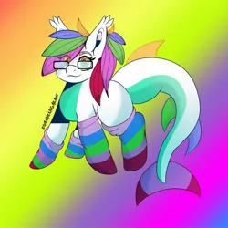 Size: 2048x2048 | Tagged: artist:cosmiclitgalaxy, clothes, cute, derpibooru import, gradient background, oc, oc:sky, original species, redesign, safe, shark, shark pony, socks, solo, striped socks, unofficial characters only