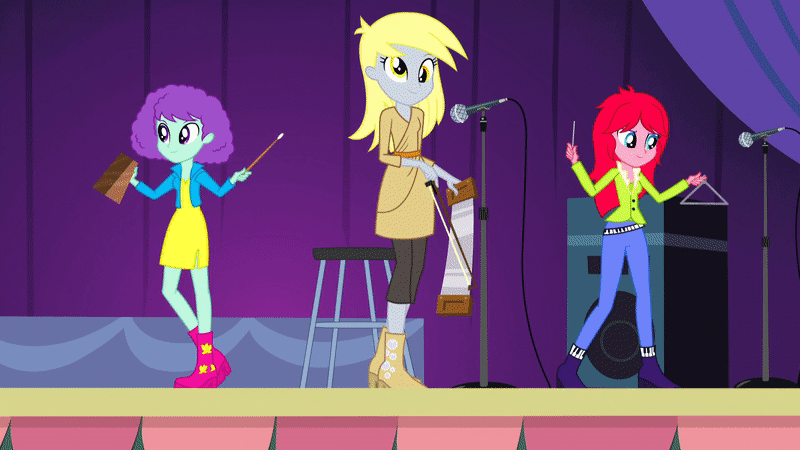 Size: 800x450 | Tagged: safe, derpibooru import, screencap, blueberry pie, derpy hooves, raspberry fluff, equestria girls, rainbow rocks, animated, bell, cowbell, female, microphone, musical instrument, musical saw, speaker, the muffins, triangle, trio, trio female