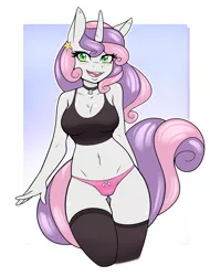 Size: 1890x2490 | Tagged: suggestive, alternate version, artist:ambris, derpibooru import, sweetie belle, anthro, unicorn, bell, bell collar, black underwear, blushing, bra, breasts, busty sweetie belle, clothes, collar, crop top bra, ear piercing, earring, female, jewelry, looking at you, older, older sweetie belle, panties, piercing, pink panties, pink underwear, ribbon, socks, solo, solo female, sports bra, thigh highs, underwear