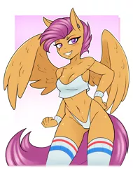 Size: 1890x2490 | Tagged: alternate version, anthro, artist:ambris, belly button, blushing, bra, breasts, busty scootaloo, cleavage, clothes, crop top bra, derpibooru import, ear piercing, earring, eyebrow piercing, female, jewelry, looking at you, older, older scootaloo, panties, pegasus, piercing, scootaloo, small breasts, socks, solo, solo female, spaghetti strap, suggestive, sweatband, thigh highs, underwear, white underwear
