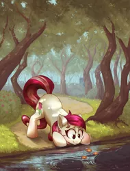 Size: 3000x3943 | Tagged: safe, artist:amishy, artist:shadowreindeer, derpibooru import, roseluck, earth pony, pony, cheek fluff, collaboration, cute, cuteluck, dappled sunlight, doctor who, female, flower, forest, mare, path, river, scenery, scenery porn, smiling, solo, tardis